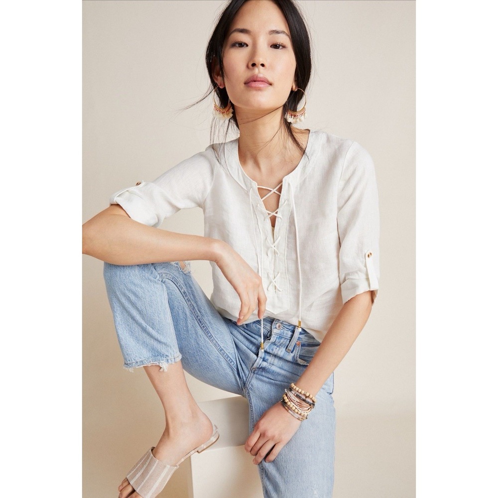 MAEVE ANTHROPOLOGIE Women's Top Size 0 Ivory Marva Lace Up 100% LINEN Blouse